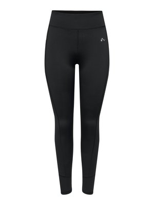 Zwarte, high-waist sportlegging met vlakke naden en een klein reflecterend logo op de bovenste linker dij.