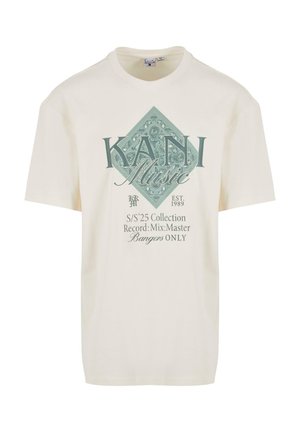 Cream cotton t-shirt featuring a turquoise diamond graphic with "KANI Music" and text details, short sleeves, and a relaxed fit.