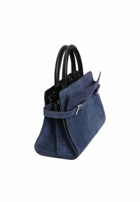 Borsa in suede blu navy con dettagli in pelle nera, doppi manici e forma strutturata. Presenta una pattina frontale e dettagli in hardware argentato.