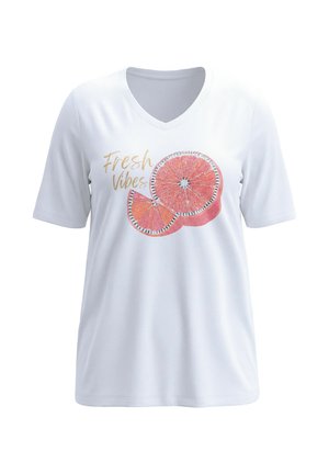 Valkoinen V-kaula-aukollinen lyhythihainen t-paita, jossa on teksti "Fresh Vibes" ja etupuolella kaksi vaaleanpunaista greipin viipaletta.