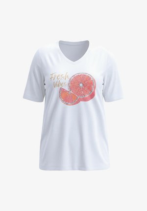 Weißes V-Ausschnitt T-Shirt mit kurzen Ärmeln, vorne mit dem Schriftzug "Fresh Vibes" und zwei pinken Grapefruitscheiben als Grafik.
