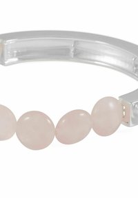Armband med rosakvartspärlor och ett böjt silverfärgat metallband. Innehåller släta, ovala rosa pärlor och ett spänne för säker förslutning.