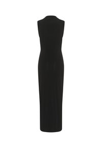 Robe longue noire sans manches vue de dos, avec un col montant et une silhouette droite et ajustée sur fond blanc.