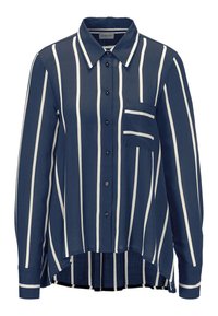 Camisa de botón azul marino con rayas verticales blancas, mangas largas, cuello puntiagudo, bolsillo en el pecho y dobladillo trasero ligeramente más largo.