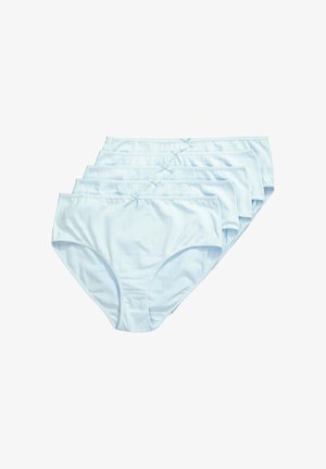 Ensemble de cinq paires de slips en coton bleu clair. Présente une texture douce, une taille moyenne et des nœuds décoratifs à la ceinture.