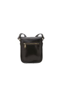Borsa a tracolla in pelle nera con tasca frontale con zip, texture liscia e spalline regolabili. Design rettangolare compatto.