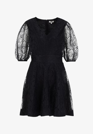 Schwarzes Spitzenkleid mit V-Ausschnitt, puffierten transparenten Ärmeln, tailliertem Oberteil und einem ausgestellten Rock mit Spitzenüberzug, versehen mit einem verdeckten Reißverschluss auf der Rückseite.