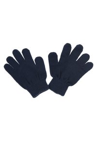 Guantes de lana en azul marino, con cinco dedos, puños acanalados y una textura suave para brindar calidez y comodidad.