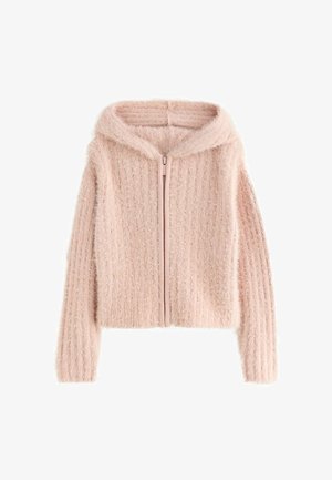 Hoodie rosa chiaro, morbido e peloso, con zip frontale completa, texture a coste e vestibilità rilassata. Presenta un design con cappuccio morbido e maniche lunghe.