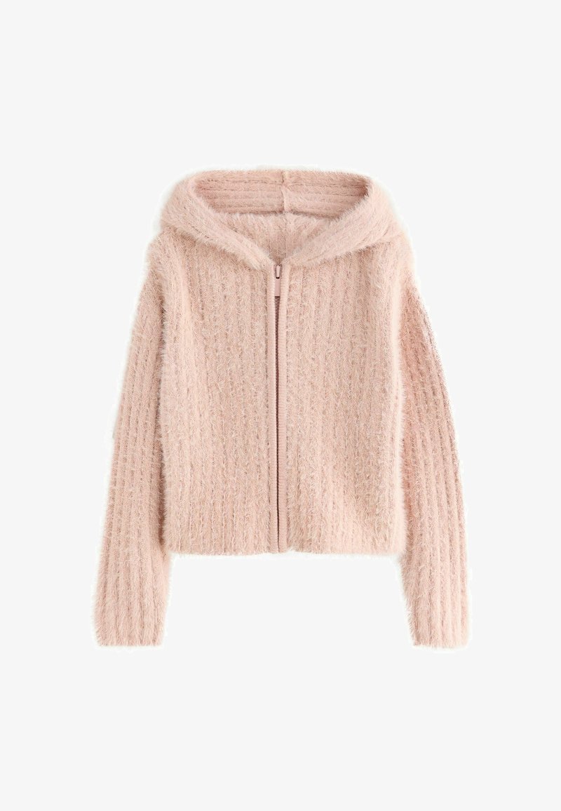 Helle pinke, flauschige Kapuzenjacke mit vollem Frontreißverschluss, geripptem Textur und einer entspannten Passform. Verfügt über ein weiches, kapuzenförmiges Design mit langen Ärmeln.