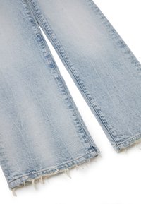 Light blue denim jeans with straight legs and frayed hems, laid flat on a white background.