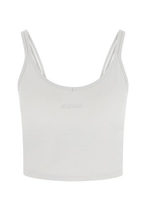 Witte gekorte tanktop met dunne spaghettibandjes, ronde halslijn en een subtiele reliëflogo aan de voorkant. Zachte katoenen stof.