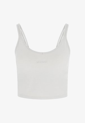 Top corto bianco con spalline sottili, scollo rotondo e un logo goffrato discreto sul davanti. Materiale in cotone morbido.