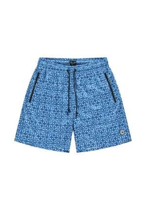 Blauwe zwemshorts met een herhalend bloemenpatroon, een elastische tailleband met trekkoord en twee zijzakken met rits.