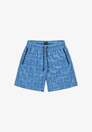 Blauwe zwemshorts met een herhalend bloemenpatroon, een elastische tailleband met trekkoord en twee zijzakken met rits.