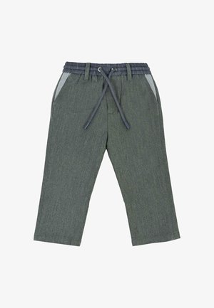 Szare-zielone spodnie z elastycznym pasem, zawiązywaniem na sznurków oraz bocznymi kieszeniami. Gładka faktura z delikatnym wzorem.