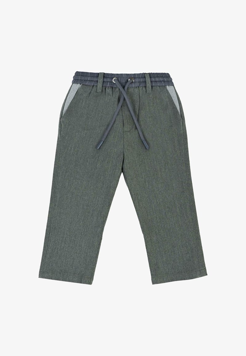 Szare-zielone spodnie z elastycznym pasem, zawiązywaniem na sznurków oraz bocznymi kieszeniami. Gładka faktura z delikatnym wzorem.