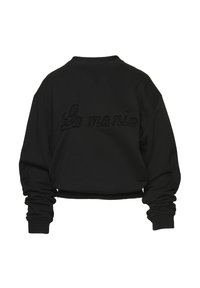 Čierna skrátená mikina s rebrovaným výstrihom a manžetami. Vyšívaný text "La mania" s mierne zdvihnutou textúrou. Hladká látka.
