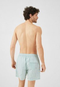 Costume da bagno a righe verde chiaro con cinturino elastico e tasca sul retro. Il tessuto appare liscio e leggero.