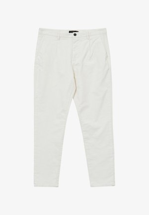 Weiße maßgeschneiderte Hose aus einem weichen Baumwollmix. Sie verfügt über Frontfalten, einen Knopfverschluss und ein schmal zulaufendes Bein.