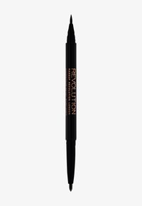 Eyeliner noir double embout avec une pointe fine et un pinceau flexible. Présente le nom de la marque en texte doré rose sur le corps. Design élégant.