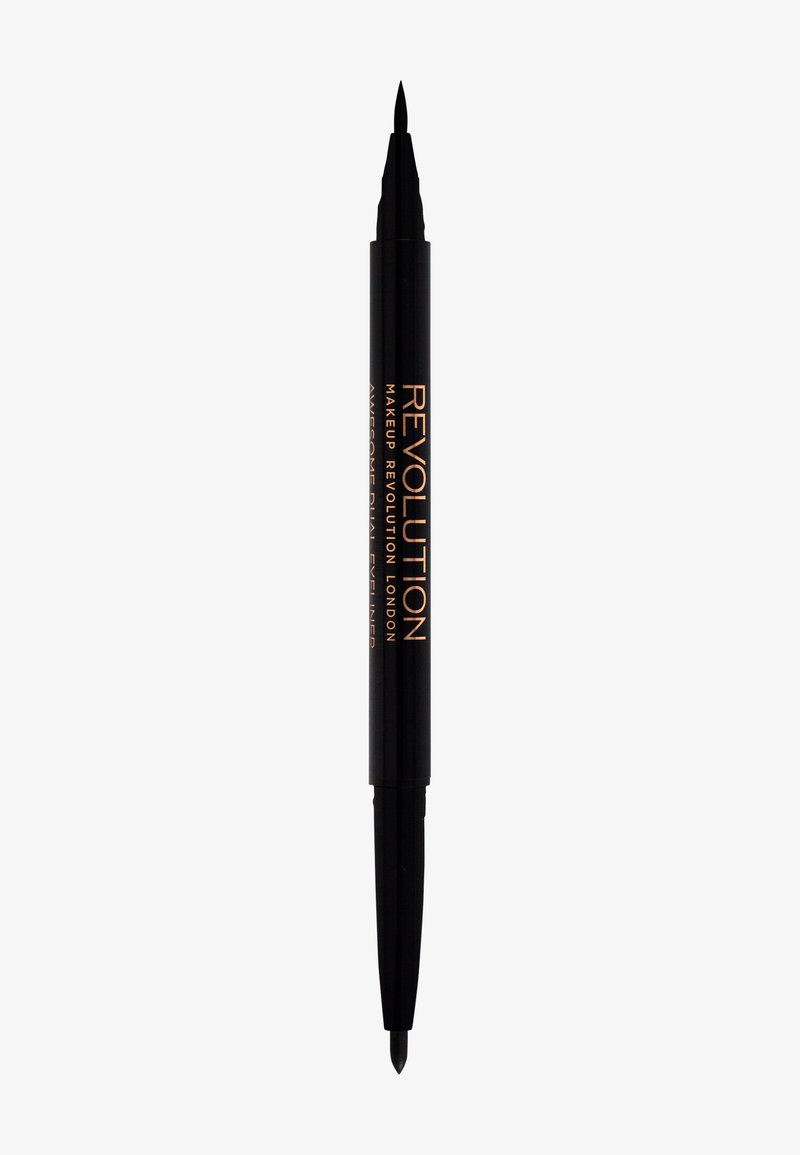 Eyeliner noir double embout avec une pointe fine et un pinceau flexible. Présente le nom de la marque en texte doré rose sur le corps. Design élégant.