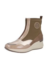 Botín beige y topo de altura hasta el tobillo con cremallera frontal, suela de goma, parte superior de tela y parche redondo con logo en el lateral.