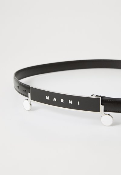 Black leather belt with a silver-tone rectangular buckle, featuring the word "MARNI" in white letters on a black background.