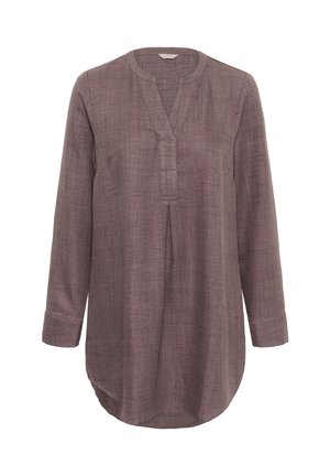 Túnica de manga larga de textura morada con escote en V, diseño sin cuello, mangas con puños y detalle de pliegue en el frente.