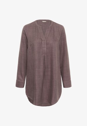 Túnica de manga larga de textura morada con escote en V, diseño sin cuello, mangas con puños y detalle de pliegue en el frente.