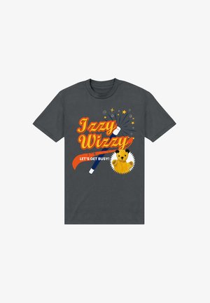 Tmavě šedé tričko s odvážným oranžovým a žlutým textem, grafikou medvídka a barevnými třpytkami a hvězdami.