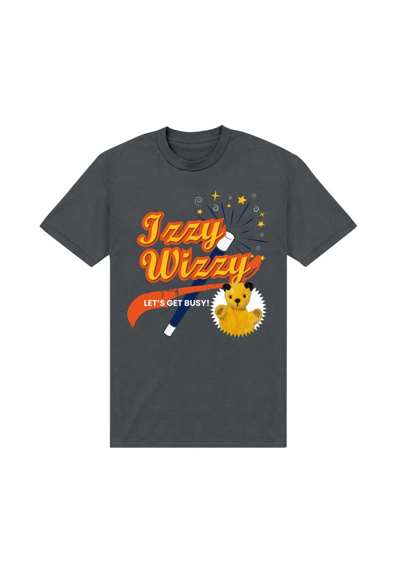 Tmavě šedé tričko s odvážným oranžovým a žlutým textem, grafikou medvídka a barevnými třpytkami a hvězdami.