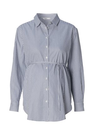 Gestreepte blauw en witte overhemd met lange mouwen, met een knoopsluiting kraag, een elastische tailleband en gathered stof aan de voorkant.