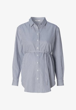 Gestreepte blauw en witte overhemd met lange mouwen, met een knoopsluiting kraag, een elastische tailleband en gathered stof aan de voorkant.