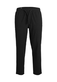 Pantalon à taille élastique noire en tissu doux, avec cordon de serrage, coupe décontractée et jambe droite. Aucun motif ou accent visible.