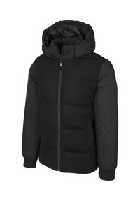 Giacca a vento nera con zip frontale, cappuccio e dettagli a coste. Presenta una texture trapuntata e tasche laterali. Tessuto morbido e design isolato.