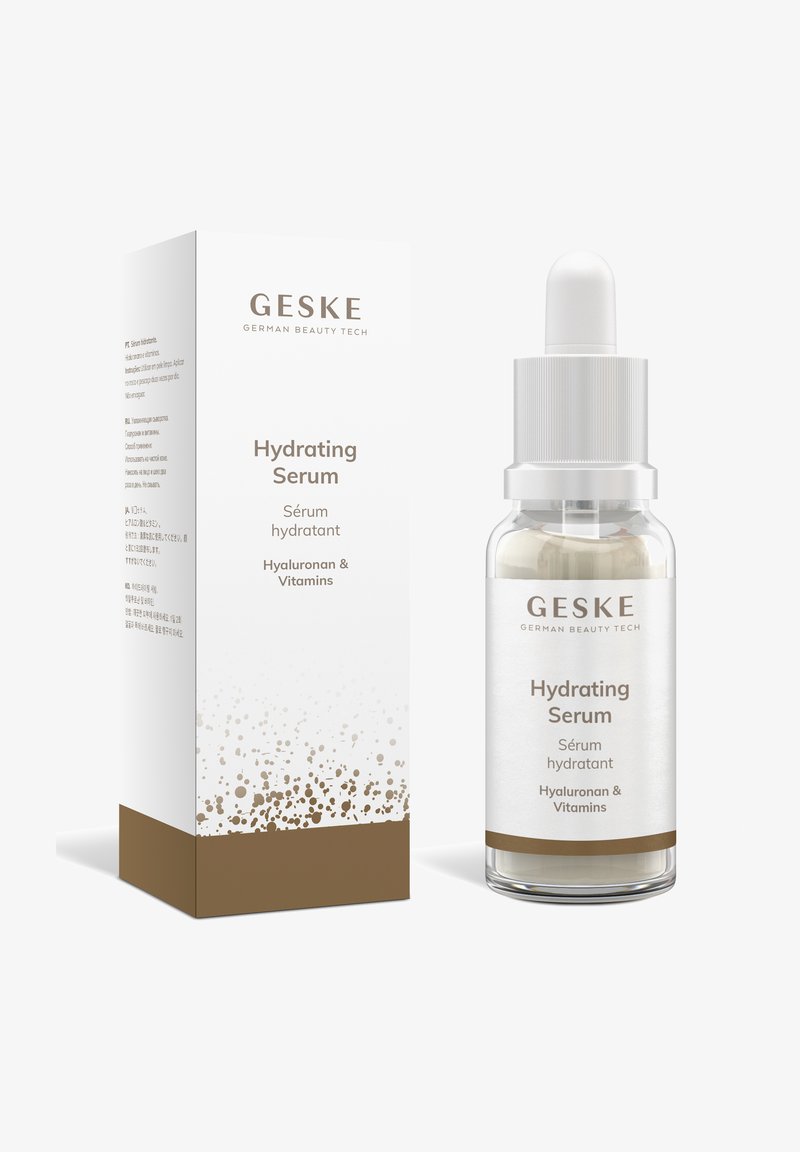 Geske Hydrating Serum flaske og æske med dråbetæller, indeholdende hyaluronan og vitaminer, hvid og brun emballage med brandtekst.