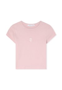 T-shirt rosa a maniche corte in morbido cotone con un piccolo orsetto ricamato sul petto. Texture liscia e design classico a girocollo.