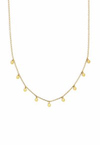 Collier en ton or avec une chaîne délicate ornée de pendentifs circulaires régulièrement espacés, offrant un design minimaliste et une texture lisse.