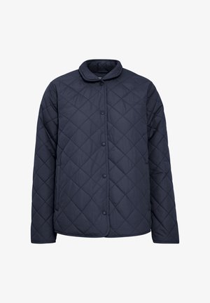 Veste matelassée marine avec un col arrondi, des boutons-pression et un motif en losange sur l'ensemble, dotée de poches latérales.