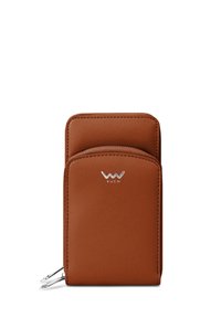 Brown leather wallet with a smooth texture, zip closure, and a silver logo. Features two card slots on the front for easy access.