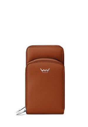 Brown leather wallet with a smooth texture, zip closure, and a silver logo. Features two card slots on the front for easy access.