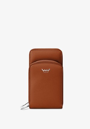 Brown leather wallet with a smooth texture, zip closure, and a silver logo. Features two card slots on the front for easy access.
