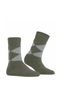 Grüne gerippte Socken mit einem hellgrauen Rautenmuster. Knöchellang mit verstärkten Bündchen und weichem Material, entworfen für Komfort.