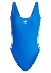 Modra enodelna kopalna obleka s Scoop ovratom, belim Adidasovim logotipom na prsih in belimi stranskimi črtami ob nogah. Gladko, elastično blago.