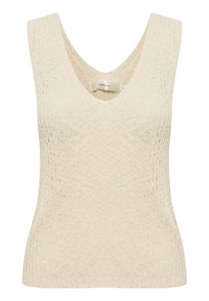 Ärmelloses V-Ausschnitt-Shirt aus leicht beigem Strick mit strukturiertem Muster und geripptem Saum. Etikett am Hals sichtbar.