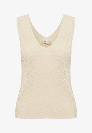 Beżowy bezrękawnik z dekoltem w serek, wykonany z plecionej tkaniny o teksturowanym wzorze i prążkowanym dołem. Metka widoczna przy szyi.