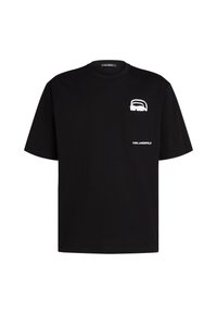 Zwarte katoenen t-shirt met korte mouwen, voorzien van een witte grafiek op de borstzak en de merknaam "KARL LAGERFELD" in het wit.