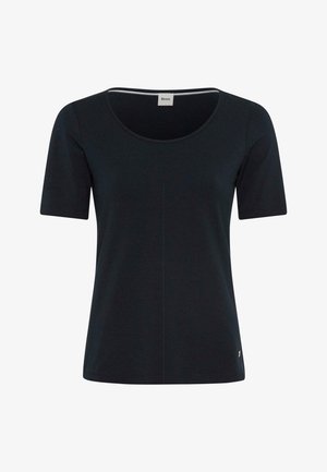 Schwarzes T-Shirt mit kurzen Ärmeln und einem Rundhalsausschnitt, aus weichem Material gefertigt. Verfügt über ein kleines Logotag am Saum und hat einen geraden Schnitt.