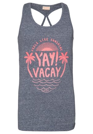 Szary top bez rękawów z krzyżowanymi ramiączkami oraz różowym napisem i grafiką z napisem "Feels like sunshine YAY! VACAY" z drzewami palmowymi i falami.